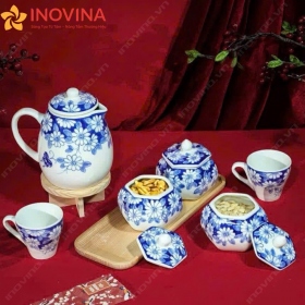 Bộ Bình Ly Sứ Bát Tràng Dáng Tròn Men Lam Cúc Trắng