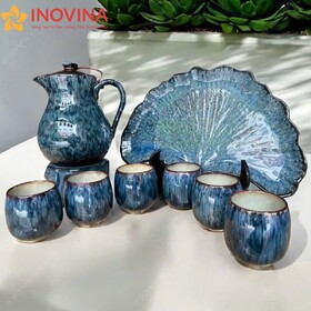 Bộ Bình Ly Sứ Bát Tràng Men Hỏa Biến Xanh