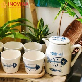 Bộ Bình Ly Sứ Bát Tràng Vẽ Cá Xanh