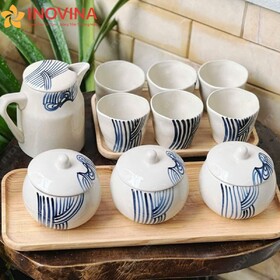 Bộ Bình Ly Sứ Bát Tràng Vẽ Xanh Kèm Bộ Hũ Mứt Tết