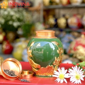 Hũ Đựng Trà Bát Tràng Đắp Nổi Sen Vàng