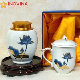 Hũ Đựng Trà Bát Tràng Sen Xanh Kèm Bộ Tách Trà