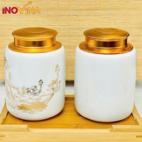 Hũ đựng trà Men Trắng Vẽ Sen Vàng