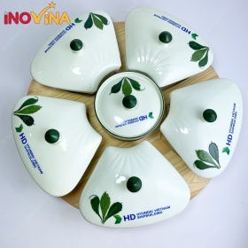 Khay Mứt Gốm Sứ Bát Tràng Ngò Gai 5 Cánh 6 Hũ