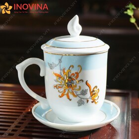 Ly Sứ Dáng Ngọn Lửa Hoa Cúc Vẽ Vàng