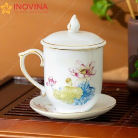 Ly Sứ Dáng Ngọn Lửa Vẽ Hoa Viền Đen Có Nắp