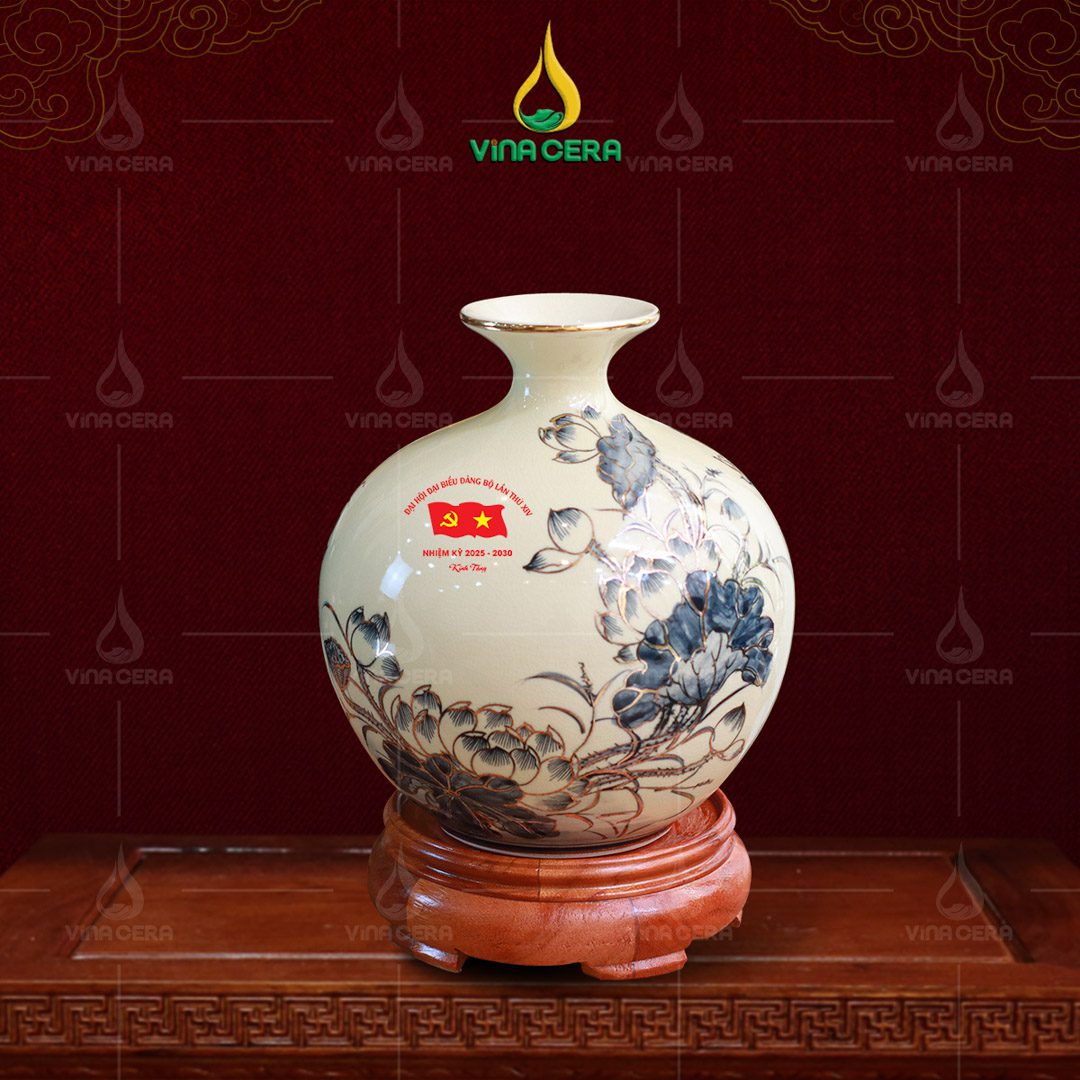 Bình hút lộc vẽ vàng in logo Đại hội Đảng