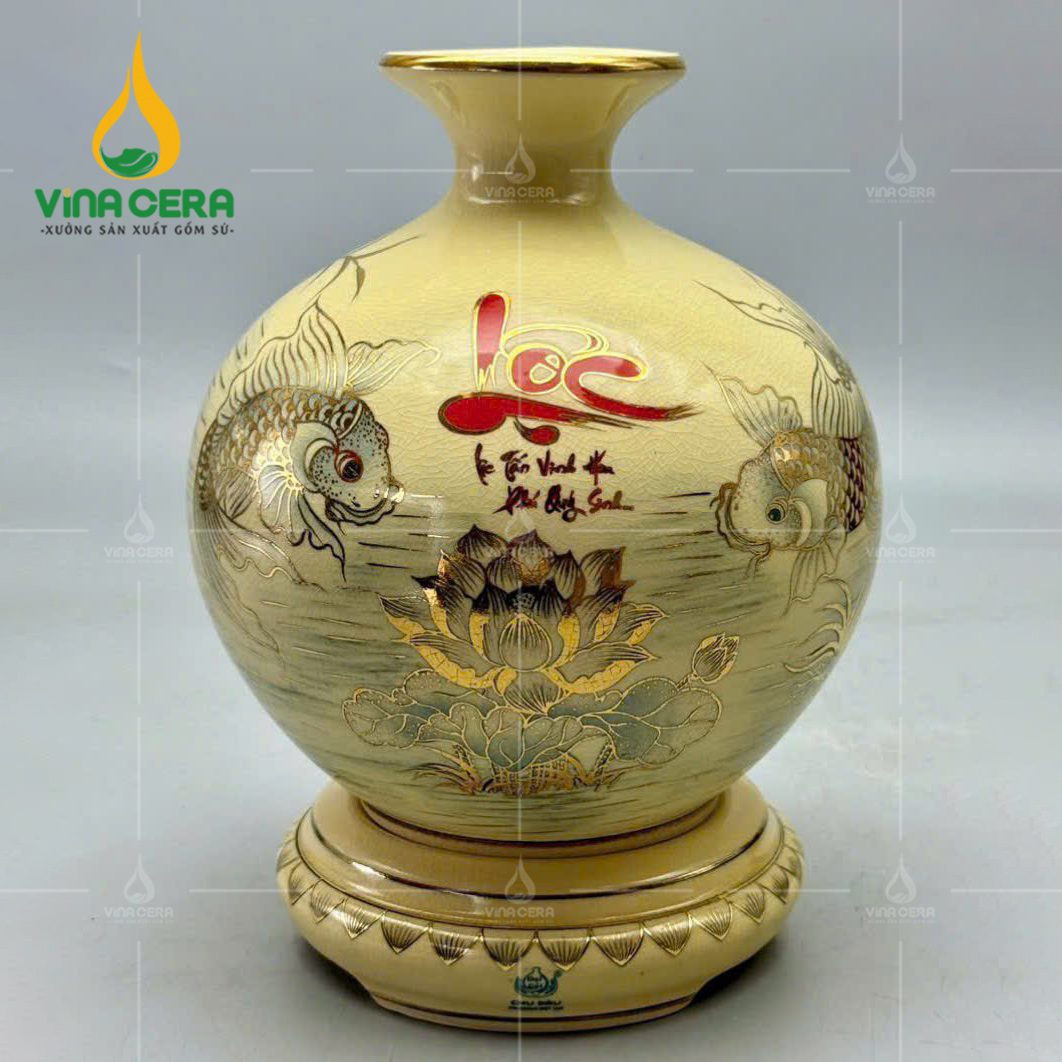 Bình hút lộc men Chu Đậu vẽ cá chép hoa sen