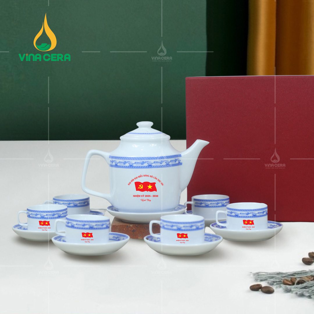 Bộ ấm trà sứ hoa văn in logo Đại hội