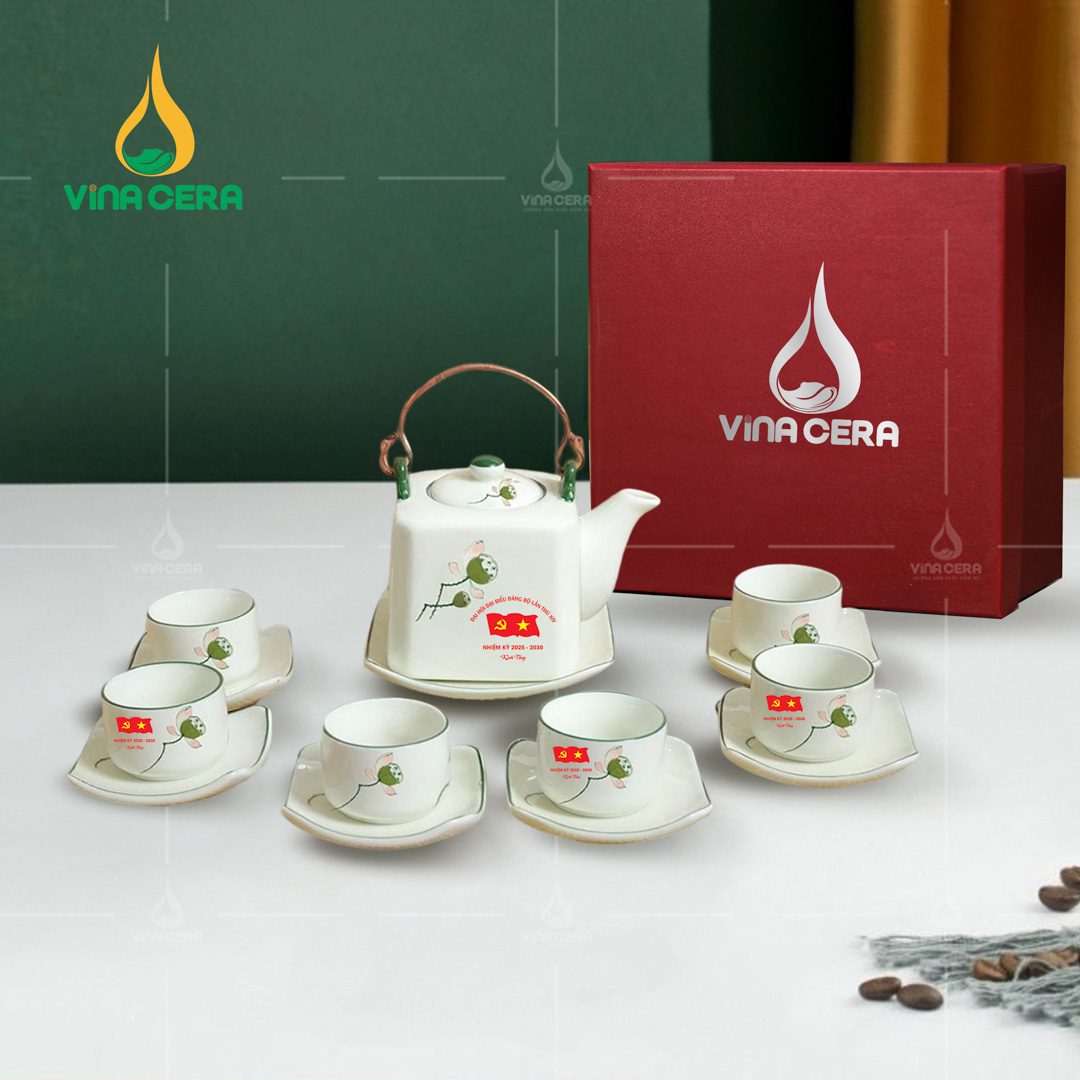 Bộ ấm trà sứ vẽ đài sen in logo Đại hội