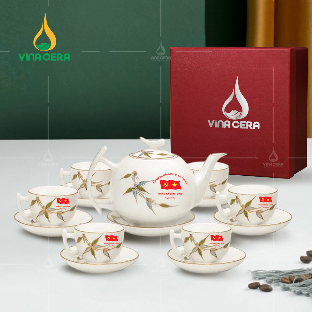 Bộ ấm trà sứ vẽ trúc chuồn in logo Đại hội