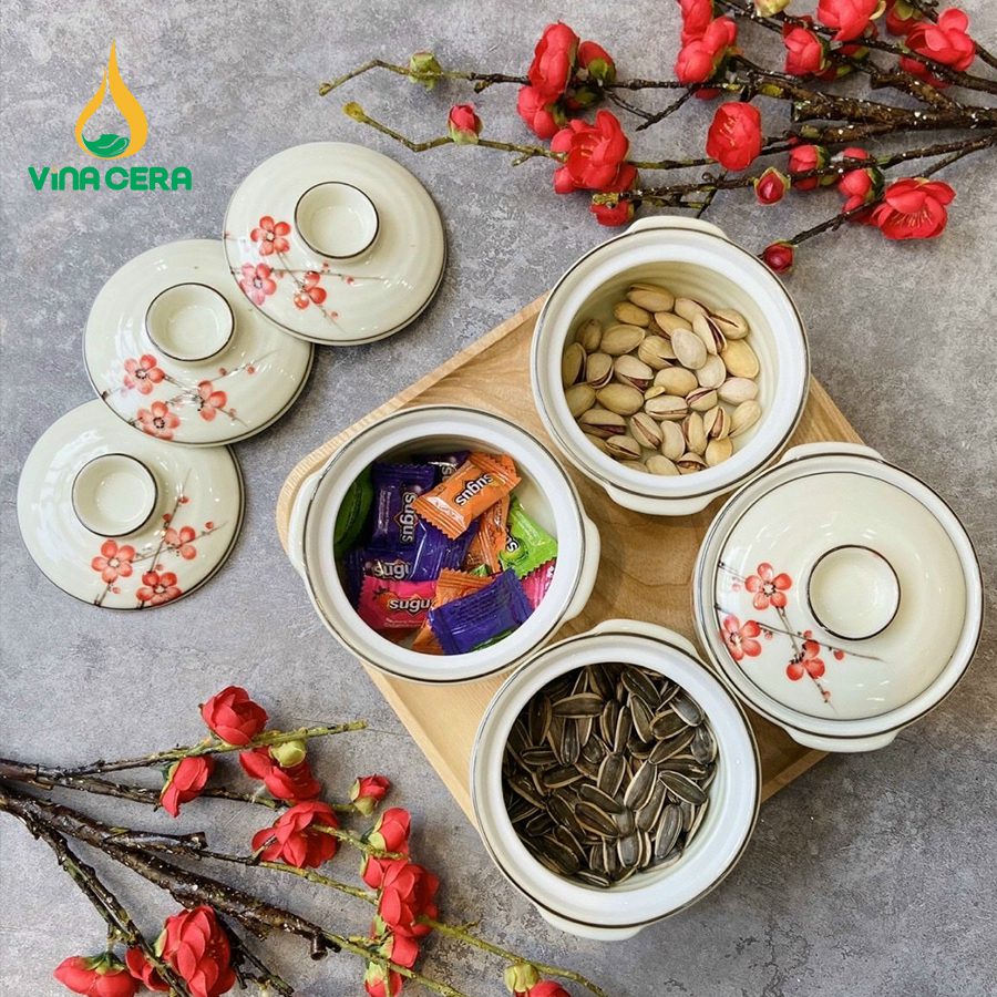 khay đựng mứt tết bằng sứ - Bộ 3 hủ