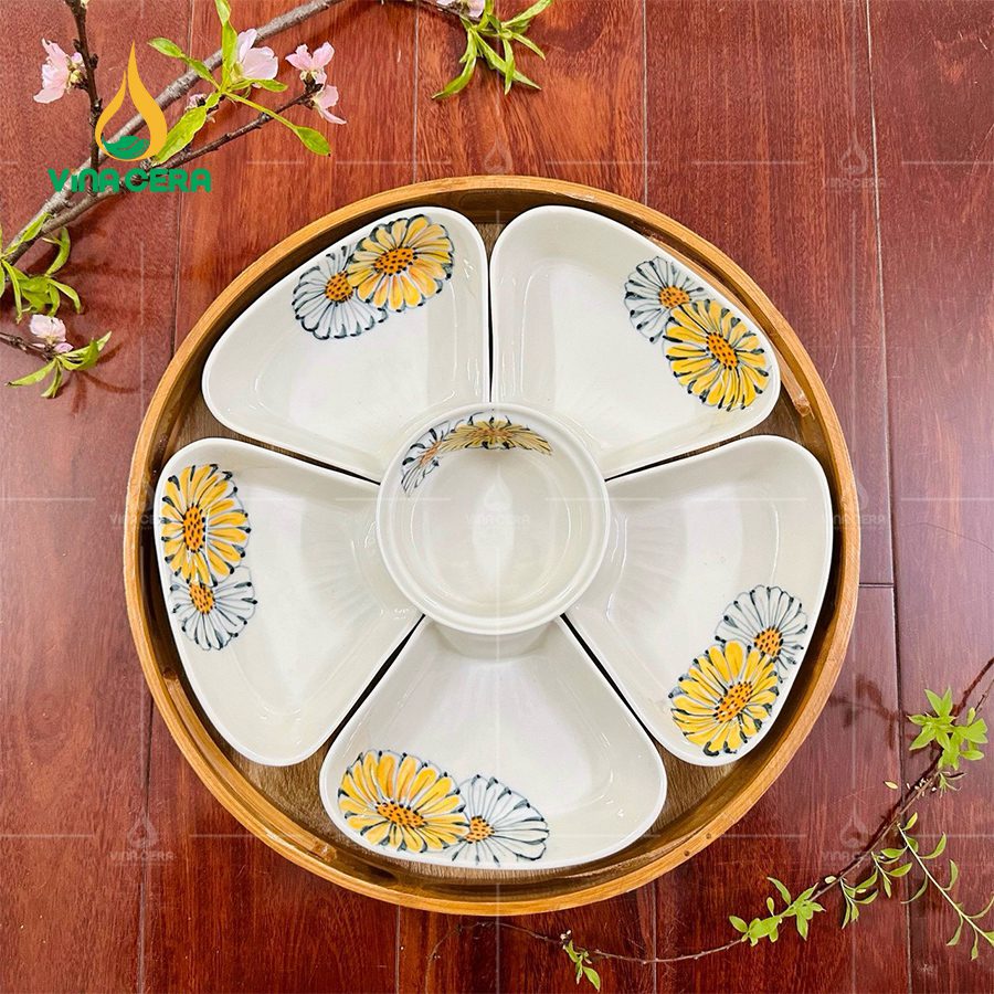 khay mứt sứ Bát tràng cao cấp hoa mặt trời